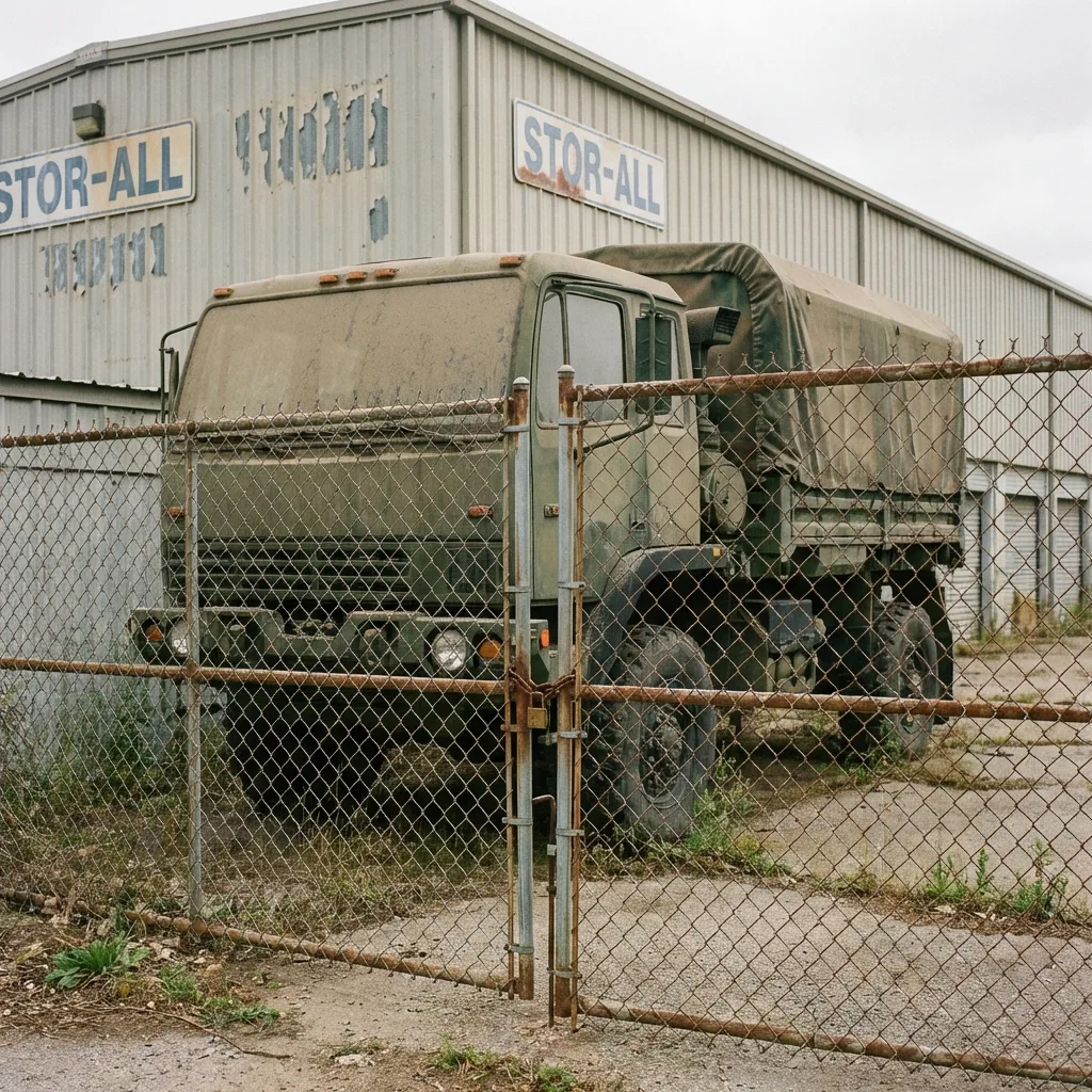 Military surplus LMTV truck sitting in commercial storage waiting for registration