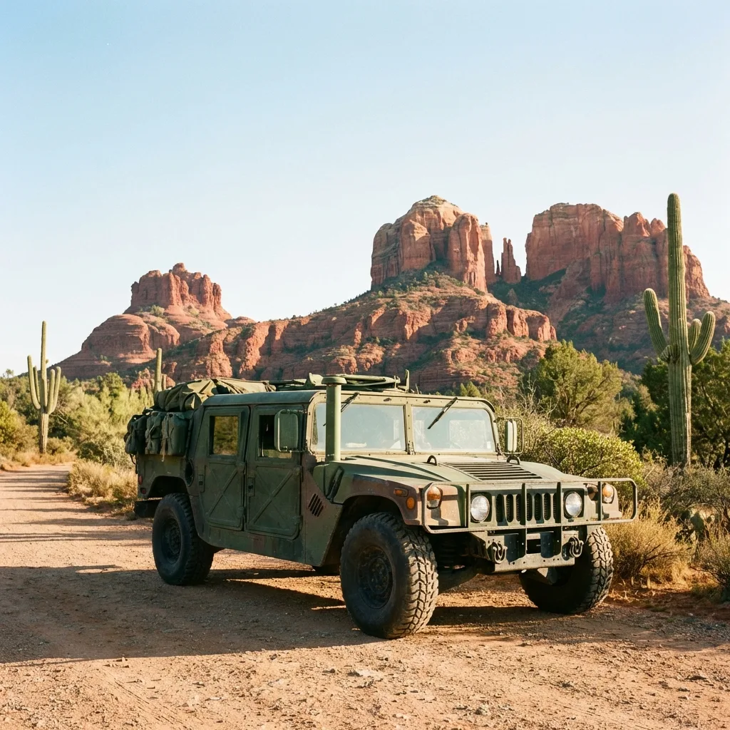Green military M998 Humvee parked near Sedona Arizona red rock formations
