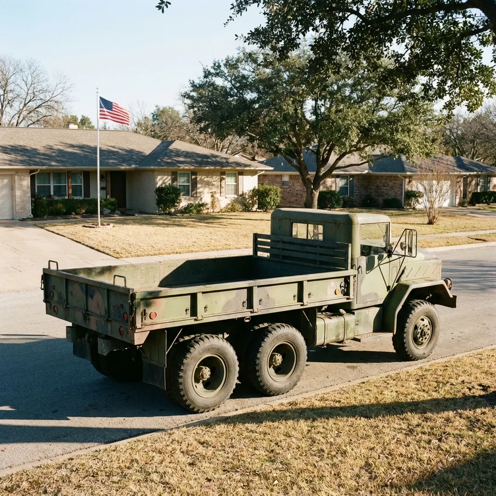 Olive drab M923A2 military 5-ton cargo truck parked in Texas suburb