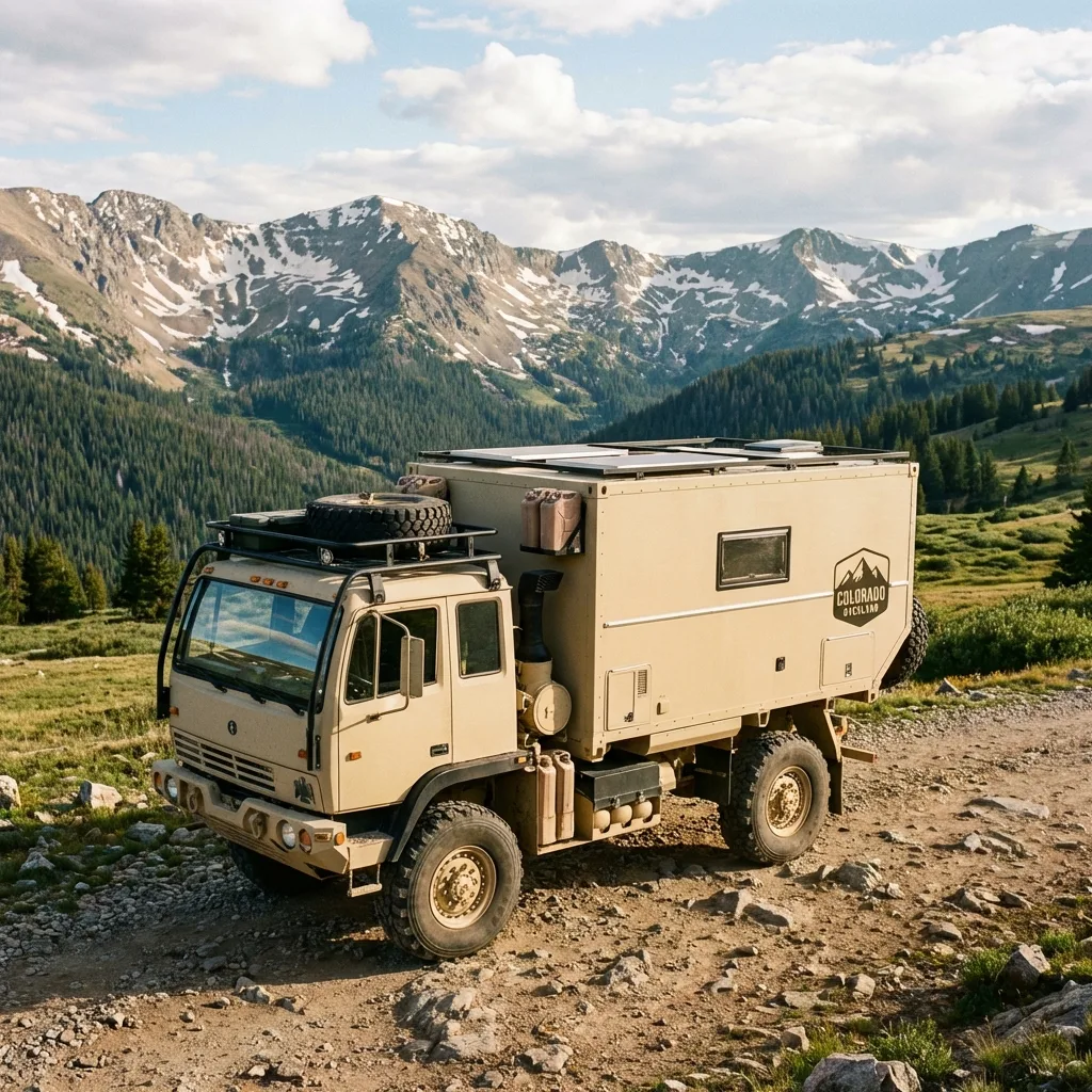 Tan LMTV M1078 military truck with Colorado mountain landscape overland vehicle