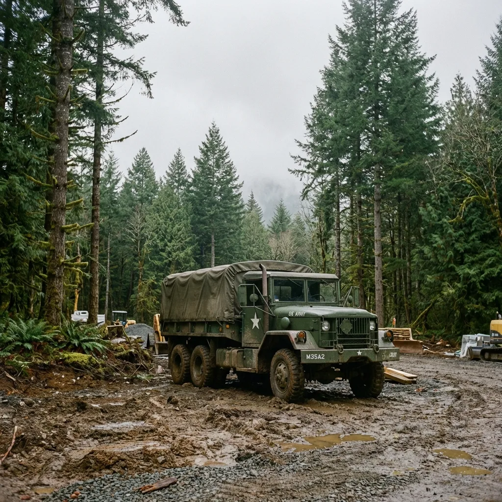 Green M35A2 Deuce and a Half military truck in Pacific Northwest forest construction site