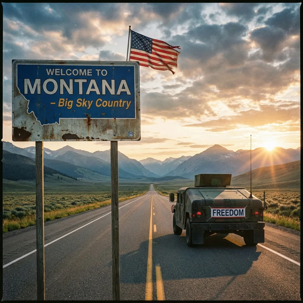Welcome to Montana road sign with military Humvee on open highway Big Sky Country