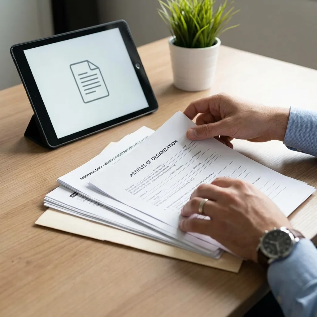 Professional hands organizing Montana LLC Articles of Organization and DMV paperwork