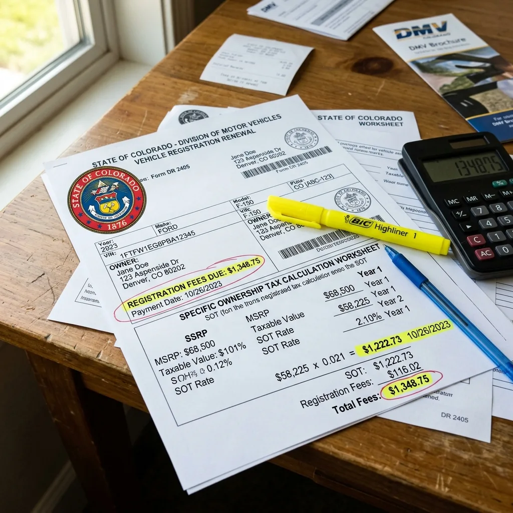 Colorado Specific Ownership Tax paperwork — annual SOT property tax calculation