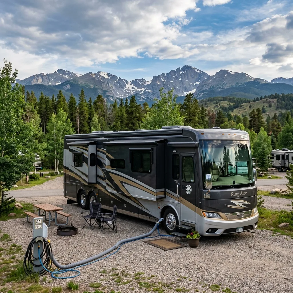 Class A motorhome at Rocky Mountain Colorado campsite — Montana LLC RV registration savings