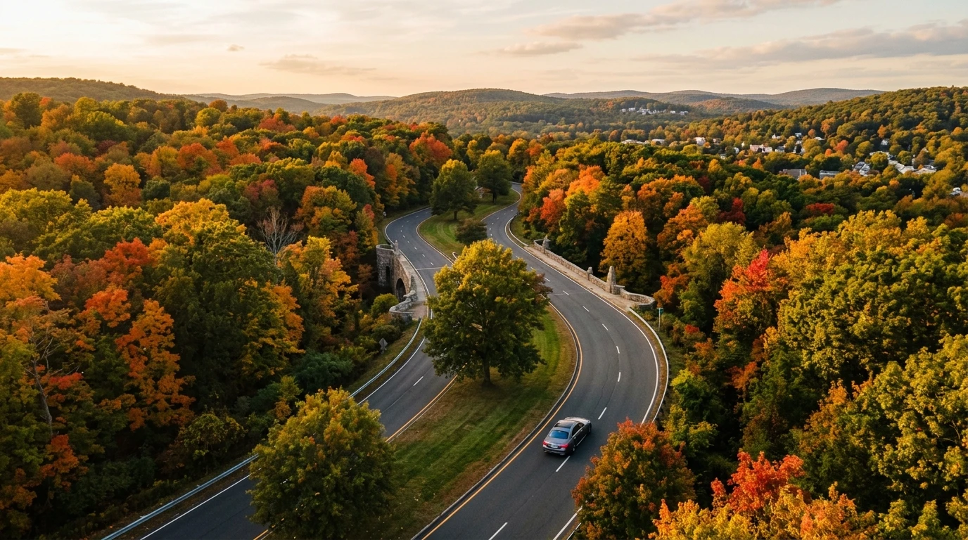 connecticut vehicle tax Merritt Parkway autumn luxury car