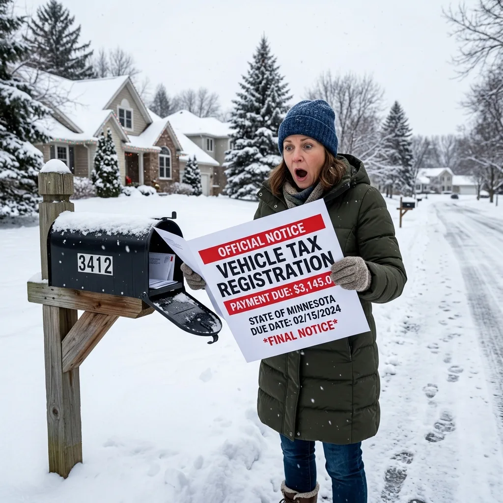Minnesota vehicle tax bill shock opening mailbox in winter