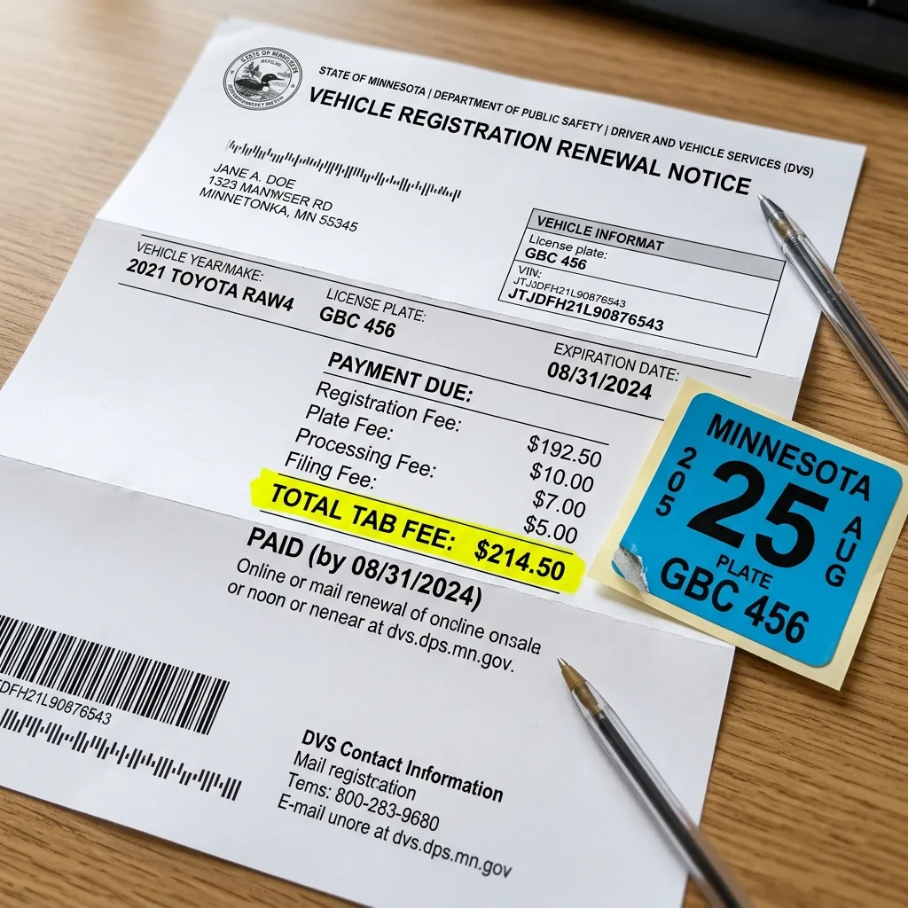 Minnesota annual tab fee vehicle registration renewal notice