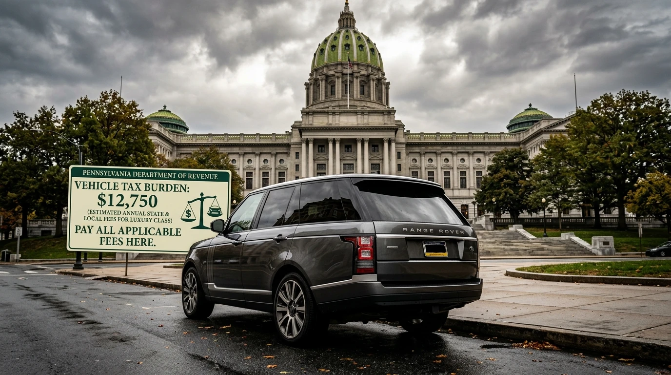 Pennsylvania vehicle tax 2026 — Pennsylvania state capitol with luxury SUV