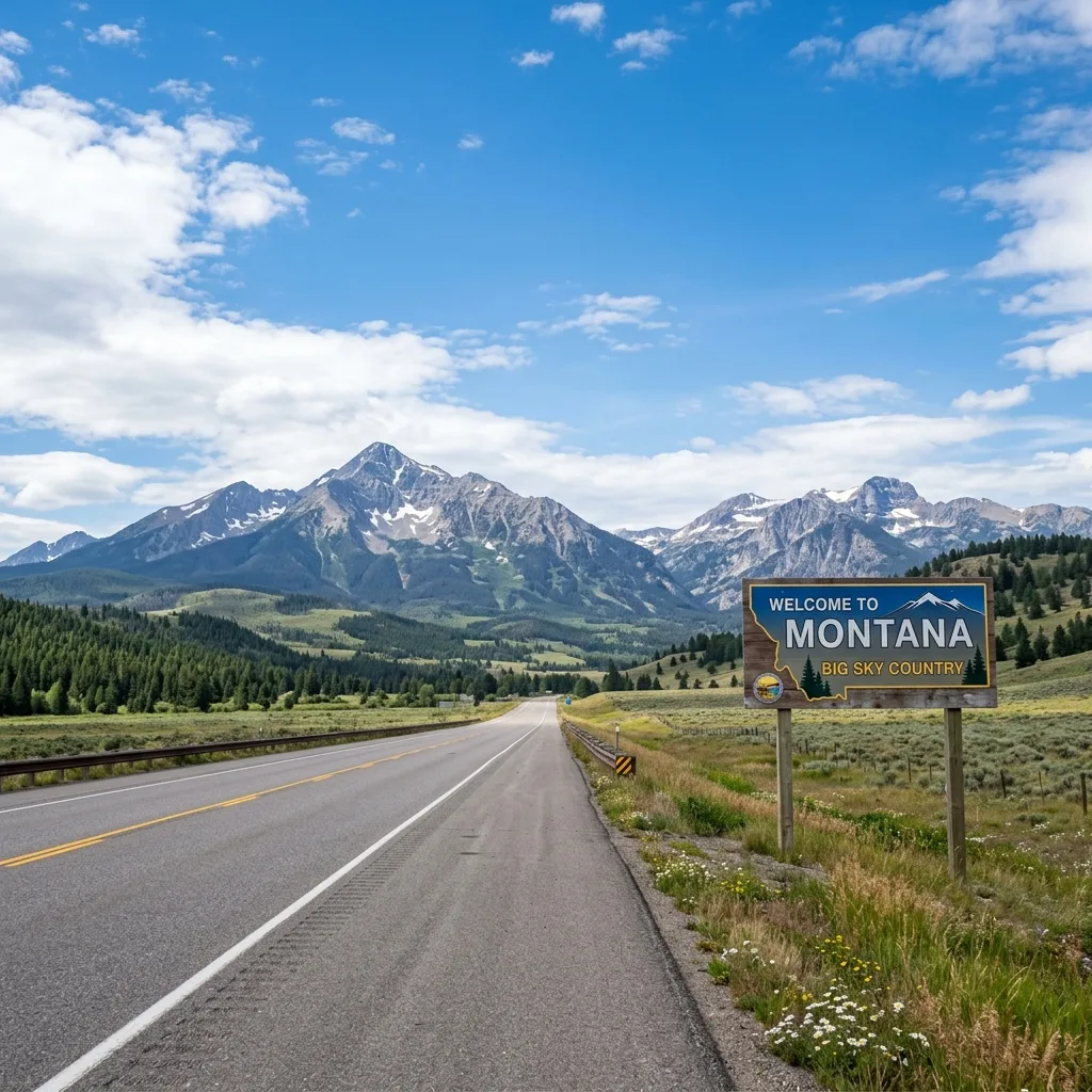 Montana Welcome sign with mountain landscape — Montana LLC vehicle registration solution