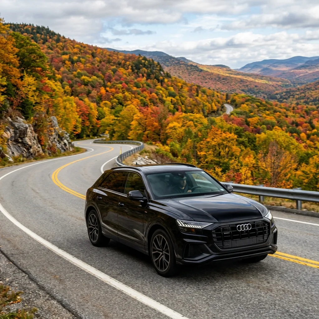 Vermont luxury SUV autumn mountain road Green Mountains vehicle tax