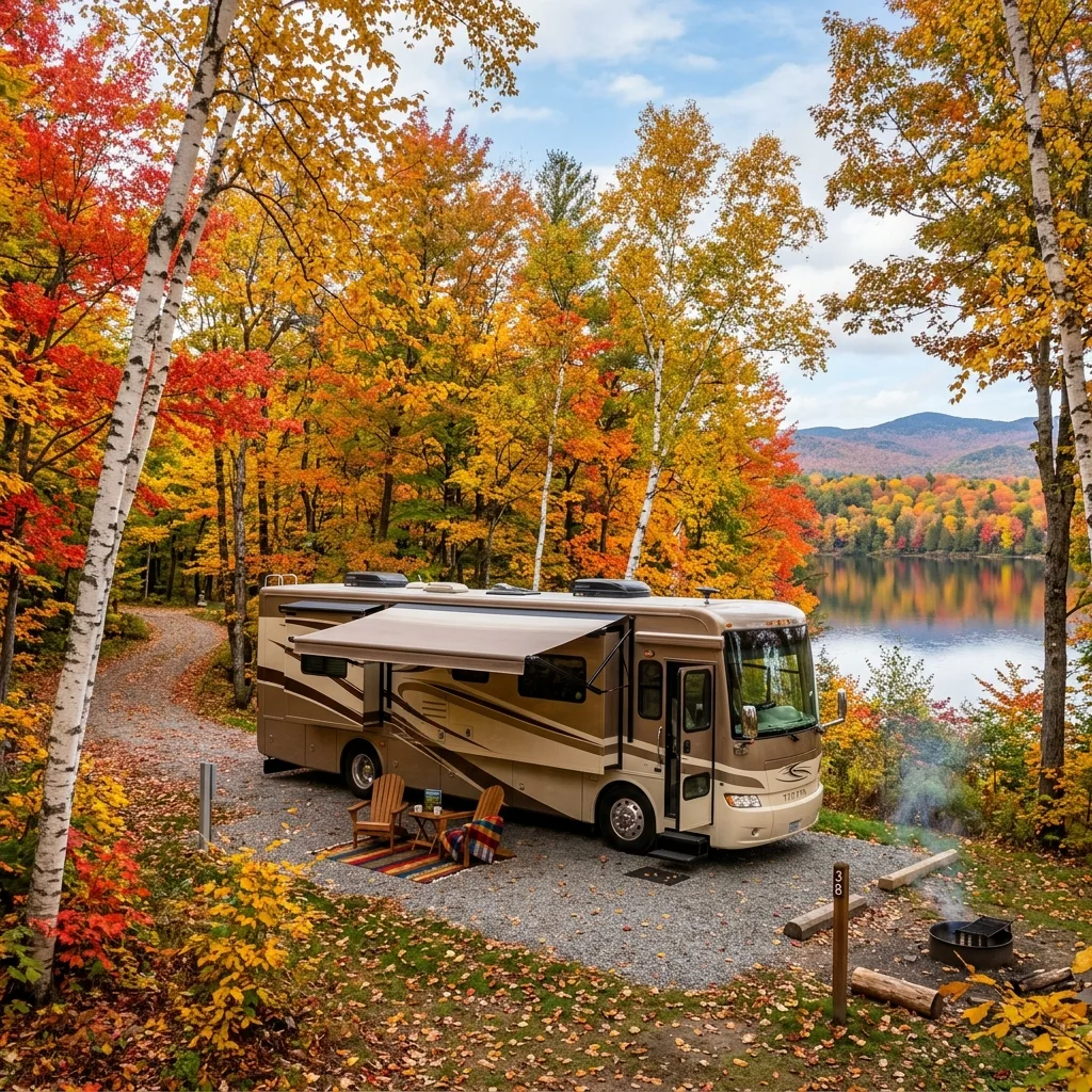 Vermont luxury RV motorhome fall foliage campground vehicle tax cost