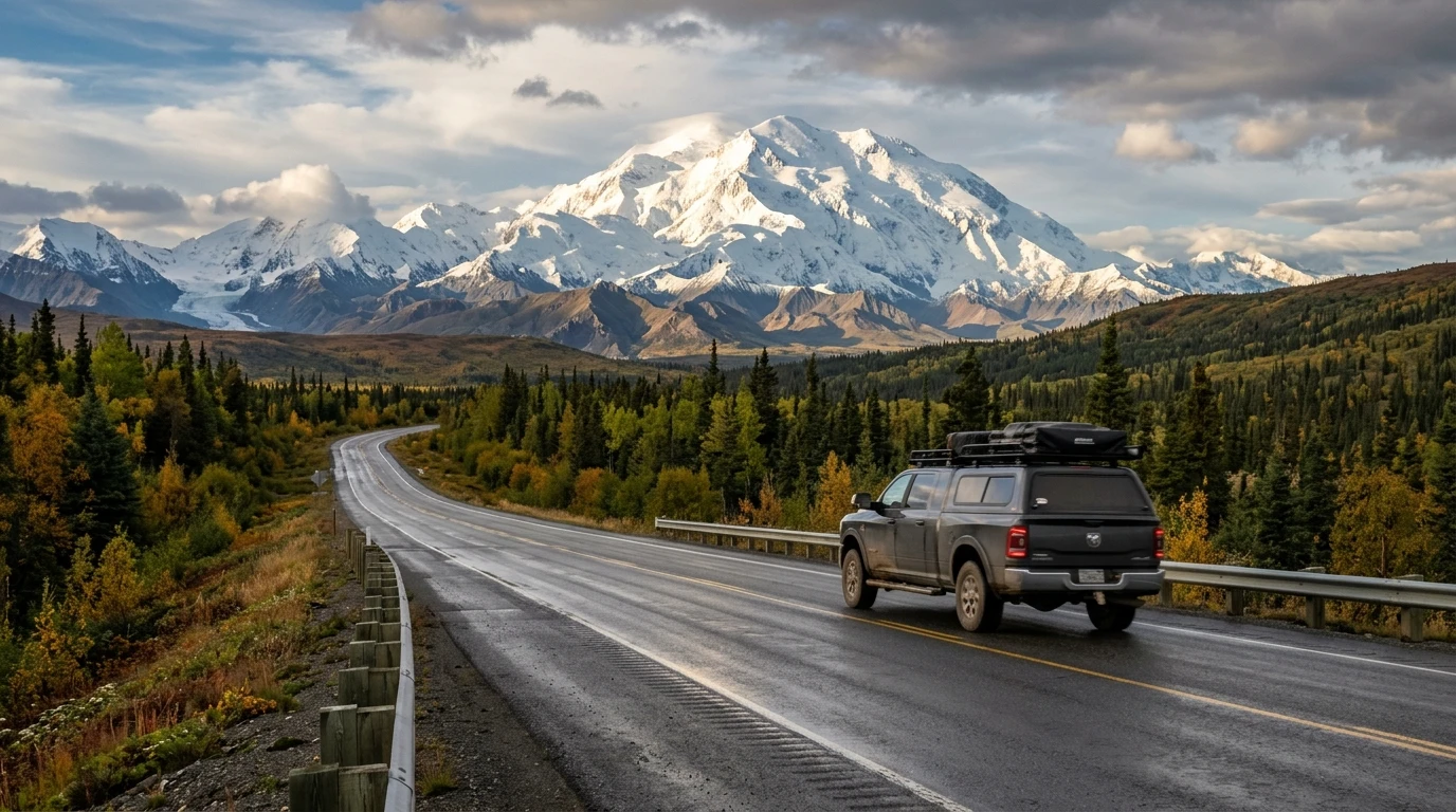 alaska vehicle tax - wilderness highway with Denali mountain pickup truck Last Frontier