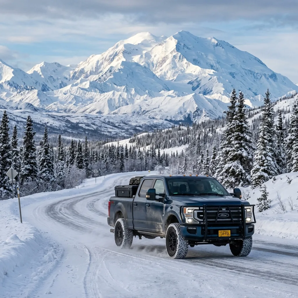 Ford F-350 Super Duty pickup truck Alaska wilderness road Denali backdrop alaska vehicle tax