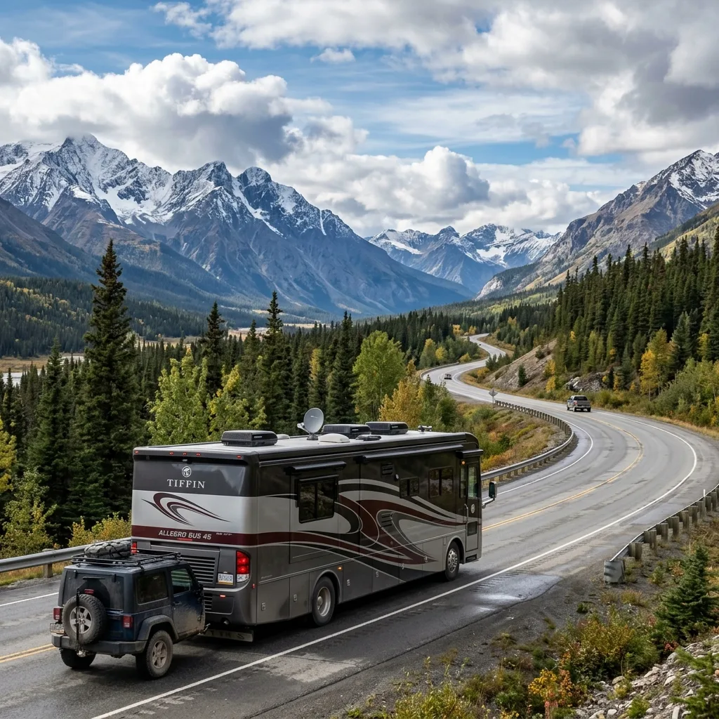 Class A diesel motorhome RV Alaska Highway Yukon mountain pass alaska vehicle tax