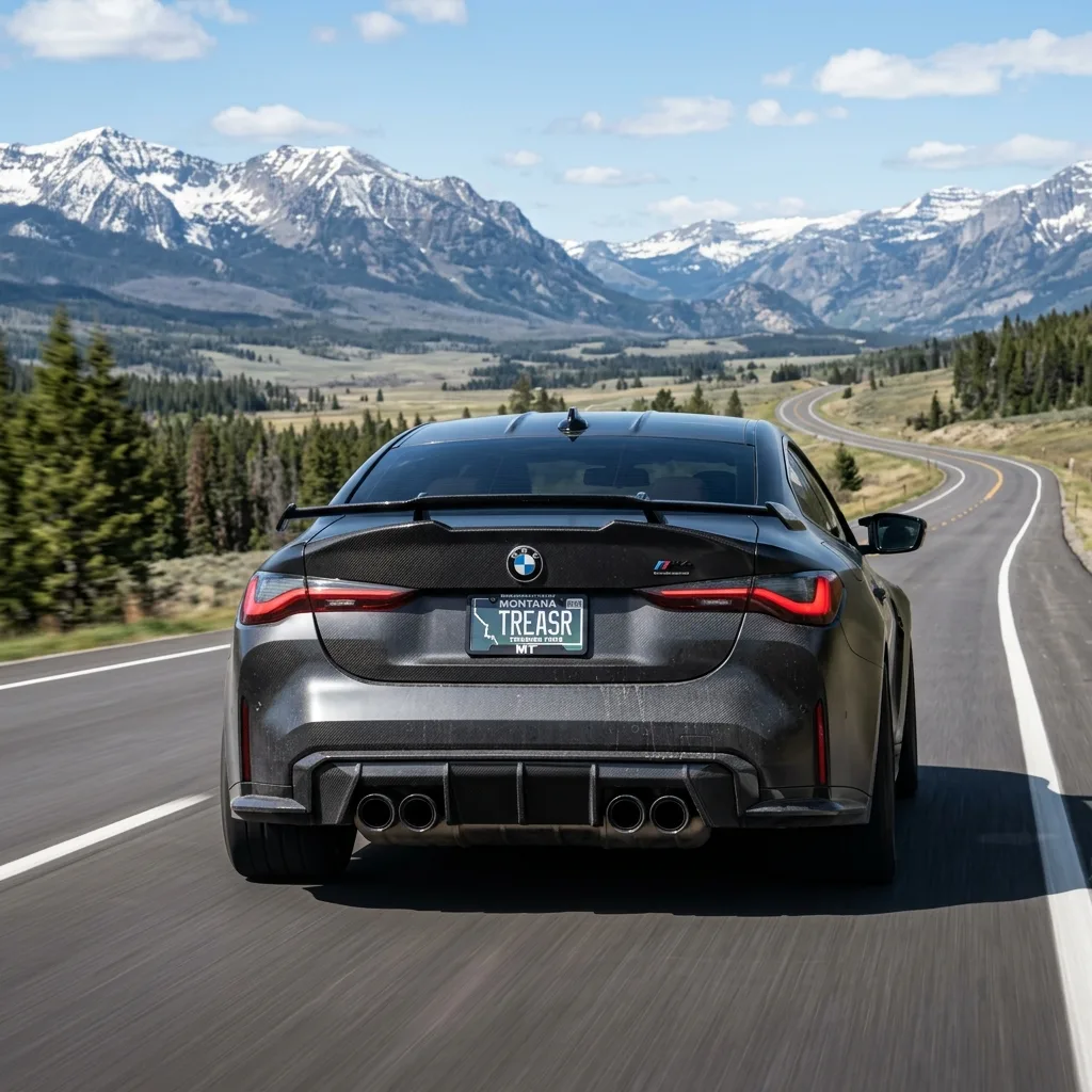 Montana license plate on modified performance sports car escape Georgia emissions testing