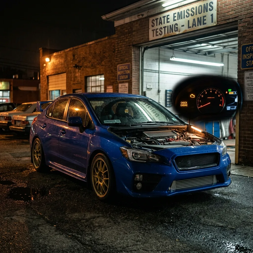 Modified Subaru WRX at Georgia emissions testing station with aftermarket mods and check engine light
