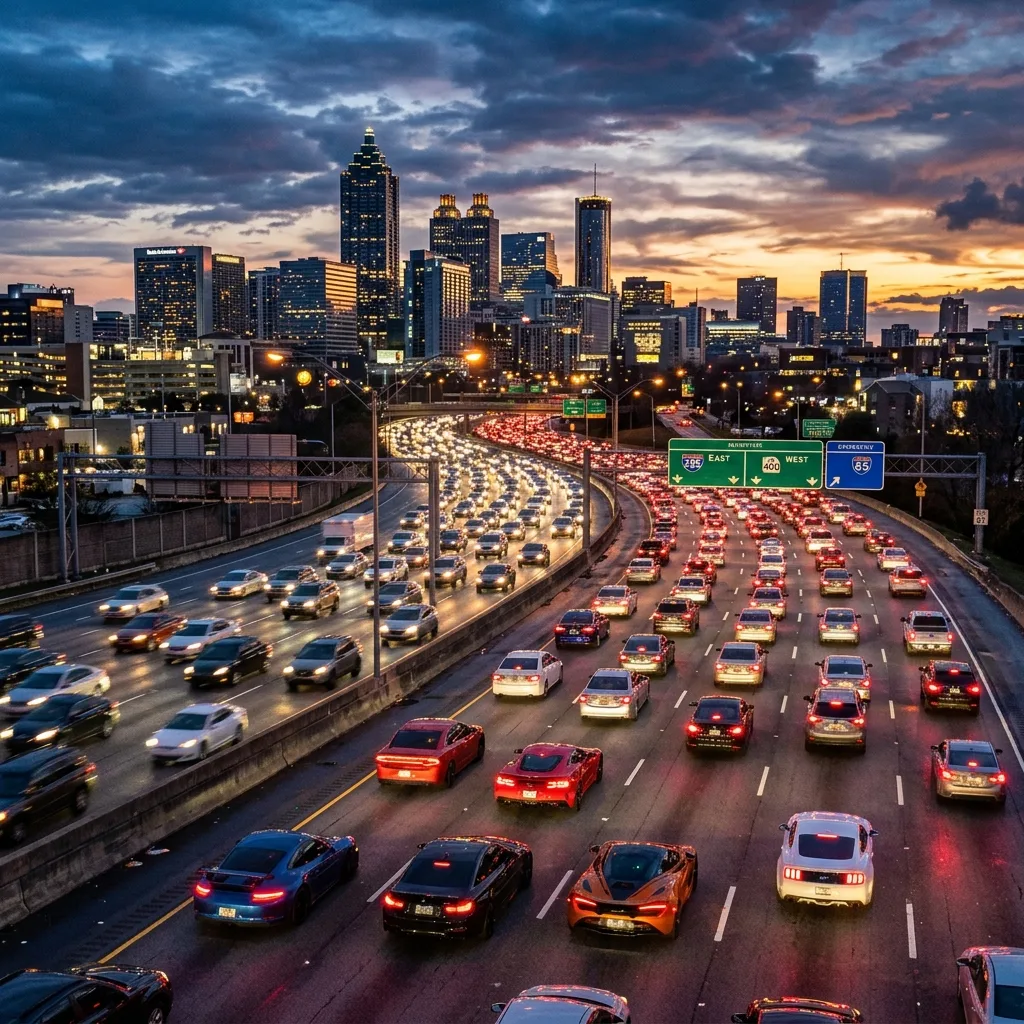 Atlanta Georgia I-285 highway traffic skyline performance vehicles