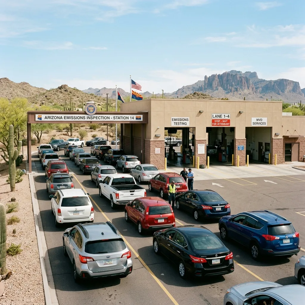 Arizona vehicle emissions testing station with cars lined up