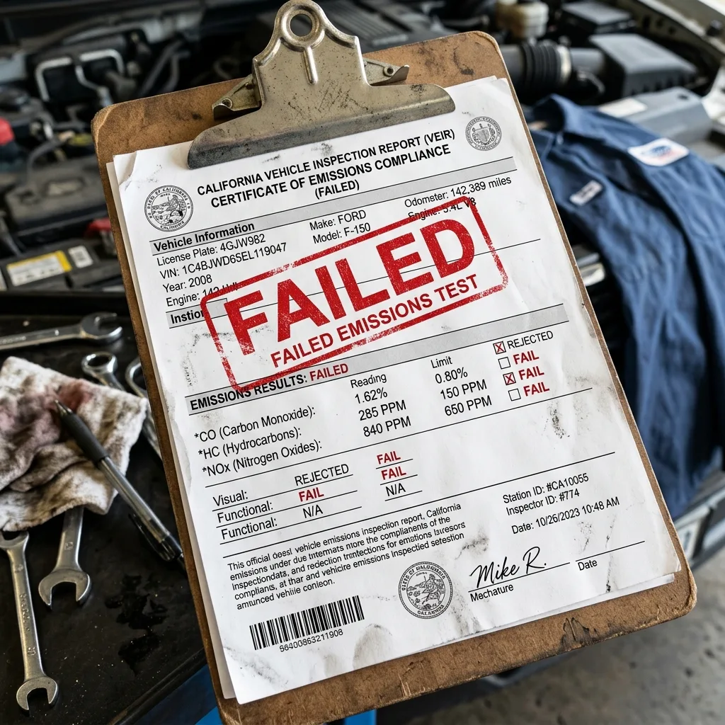 Failed Arizona emissions test certificate document