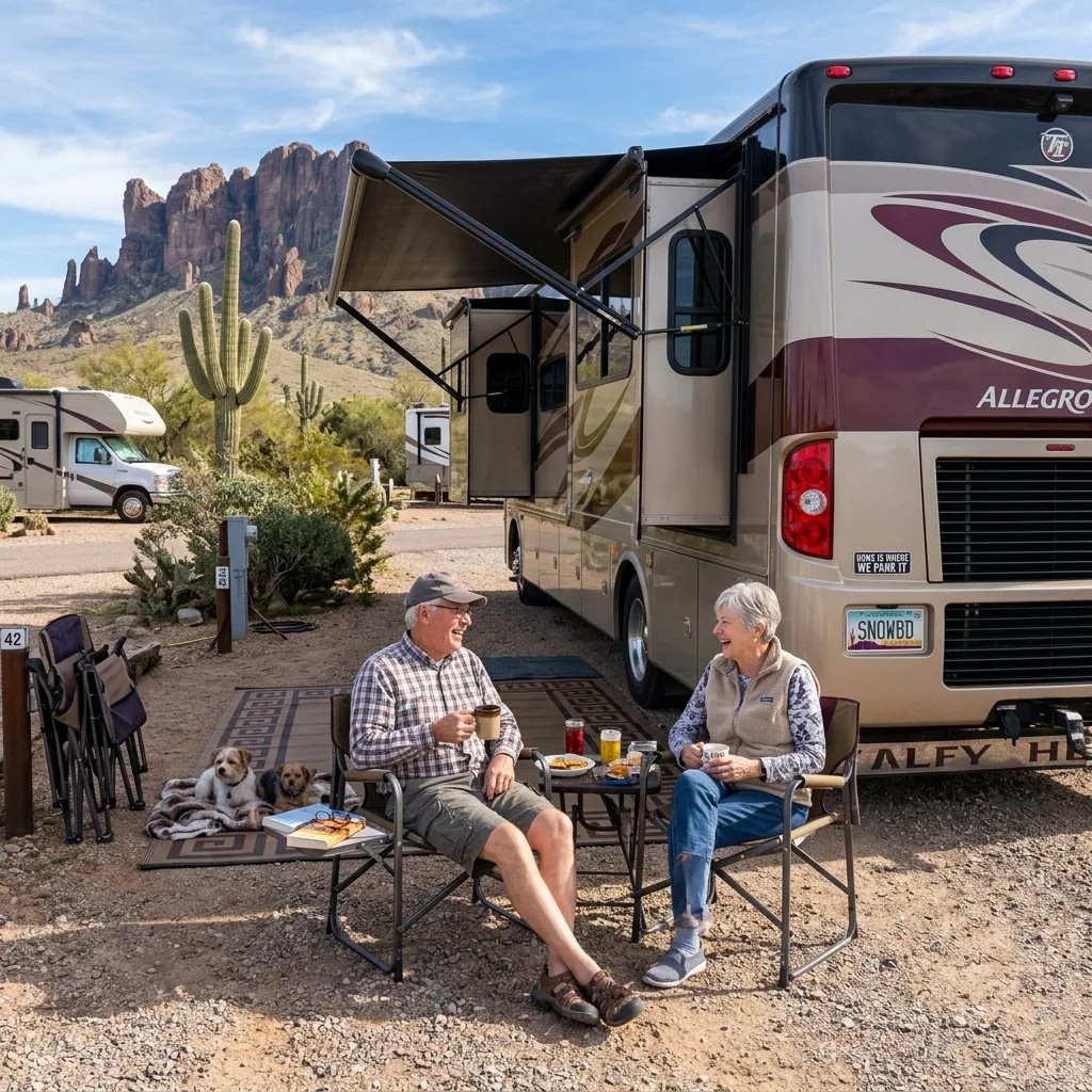 RV motorhome snowbird parked in Arizona desert