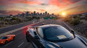 Arizona vehicle license tax Phoenix skyline luxury cars freeway