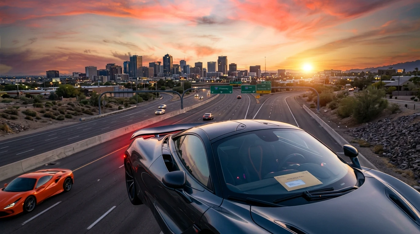 Arizona vehicle license tax Phoenix skyline luxury cars freeway