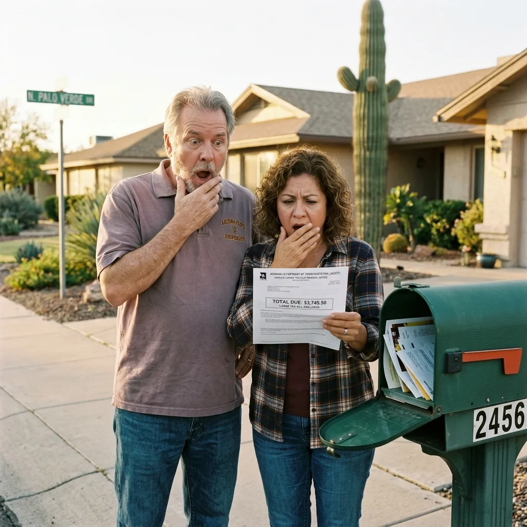 Shocked couple at mailbox with Arizona vehicle license tax renewal notice