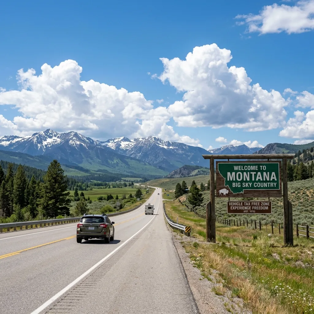 Welcome to Montana highway sign mountain landscape freedom from vehicle taxes