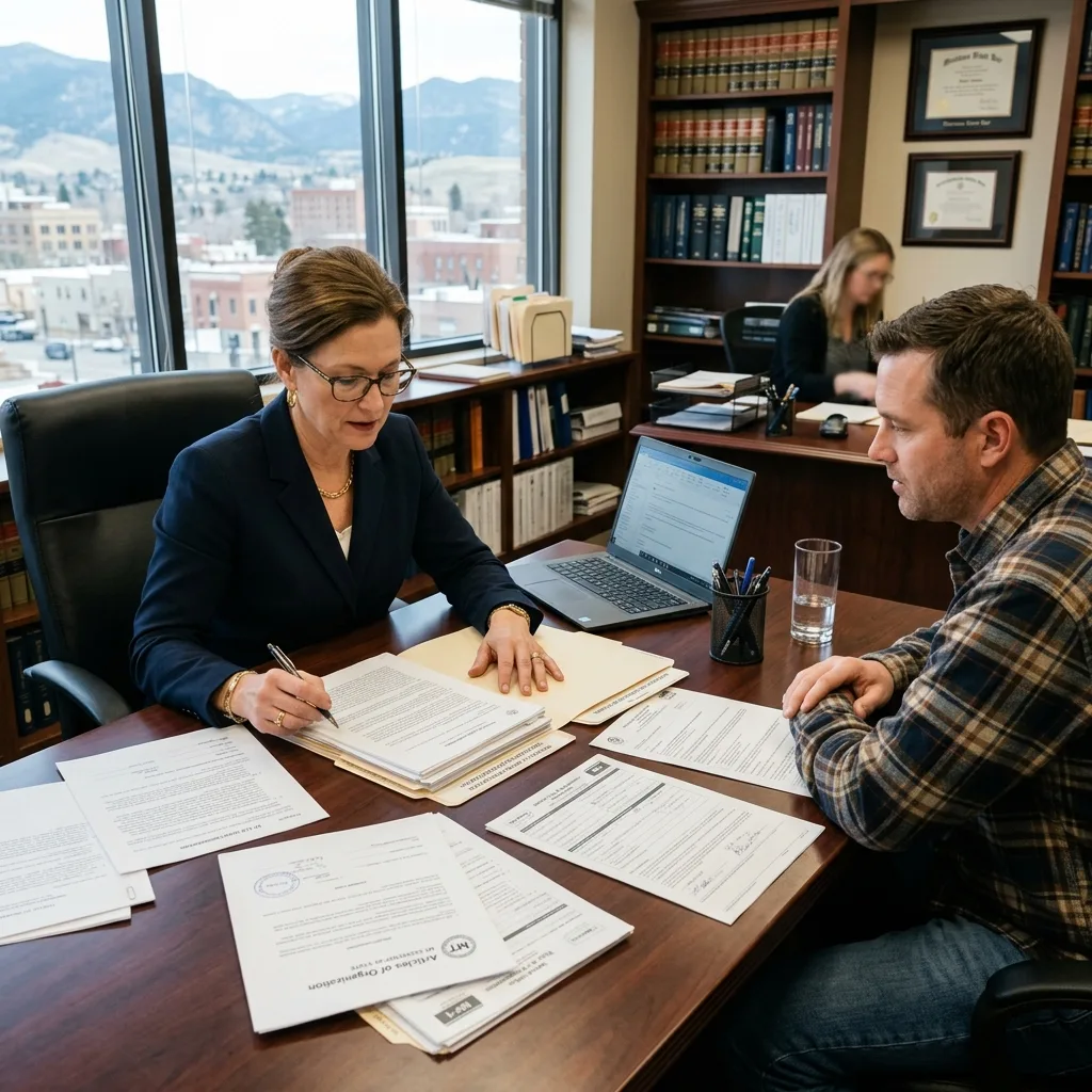 Attorney reviewing Montana LLC formation documents vehicle registration