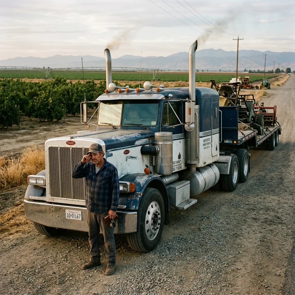 Owner-operator trucker beside older Peterbilt diesel rig California Central Valley