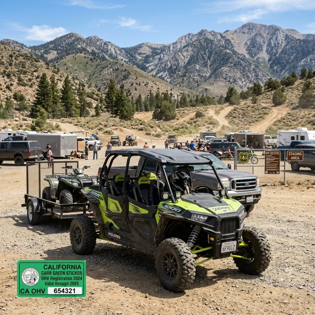UTV at California OHV park staging area with CARB sticker visible california utv street legal