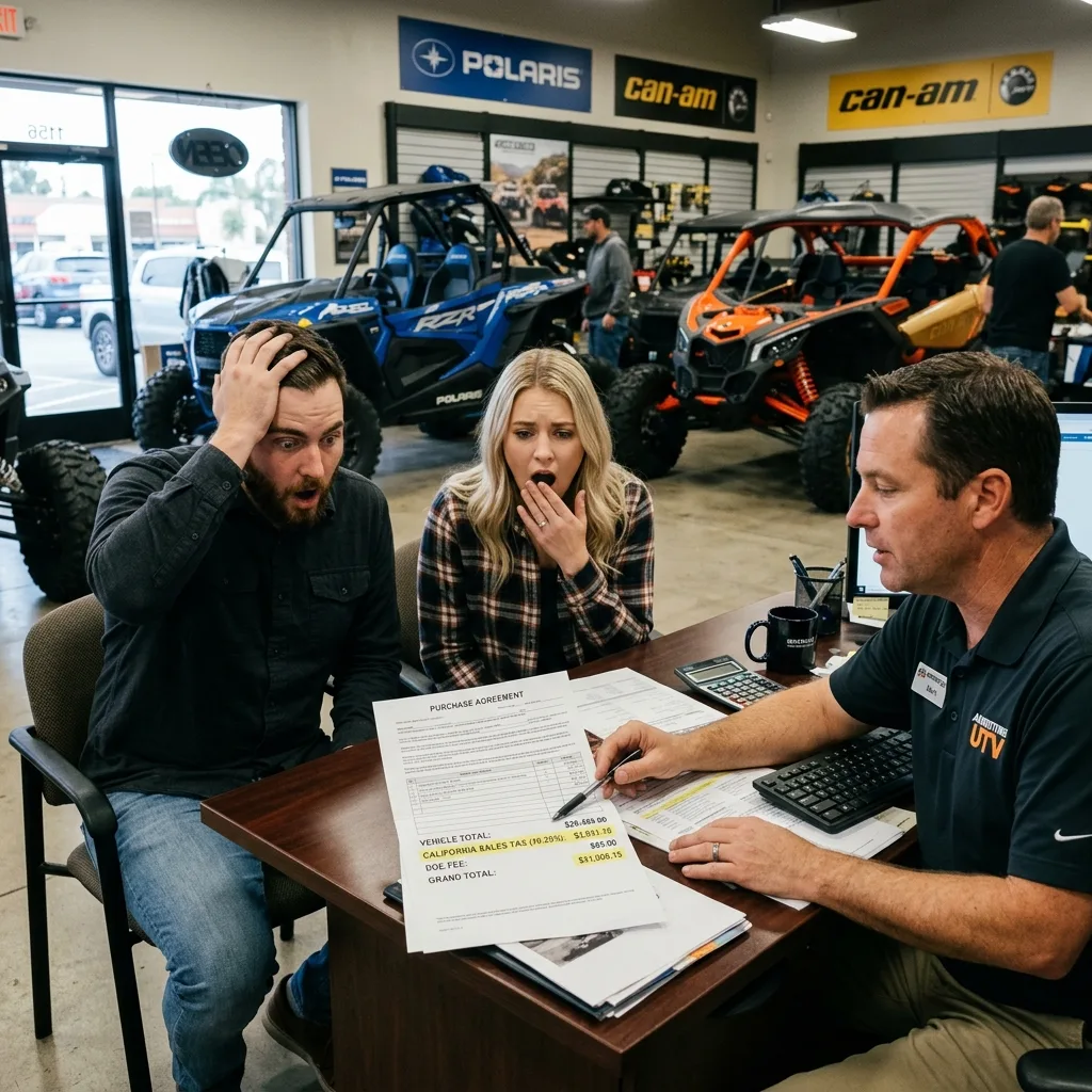 Shocked UTV owner at California dealership seeing tax bill on price quote