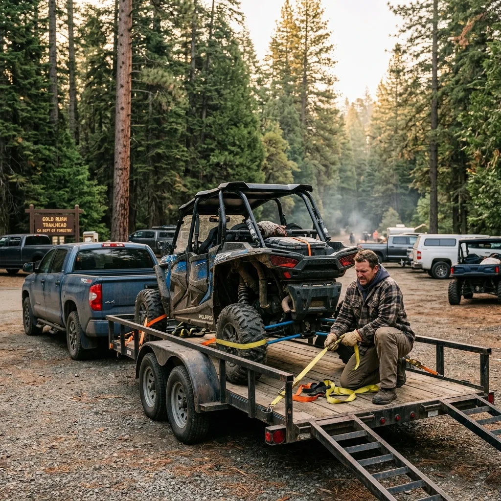 UTV loaded on trailer at California trailhead in morning light unable to be california utv street legal