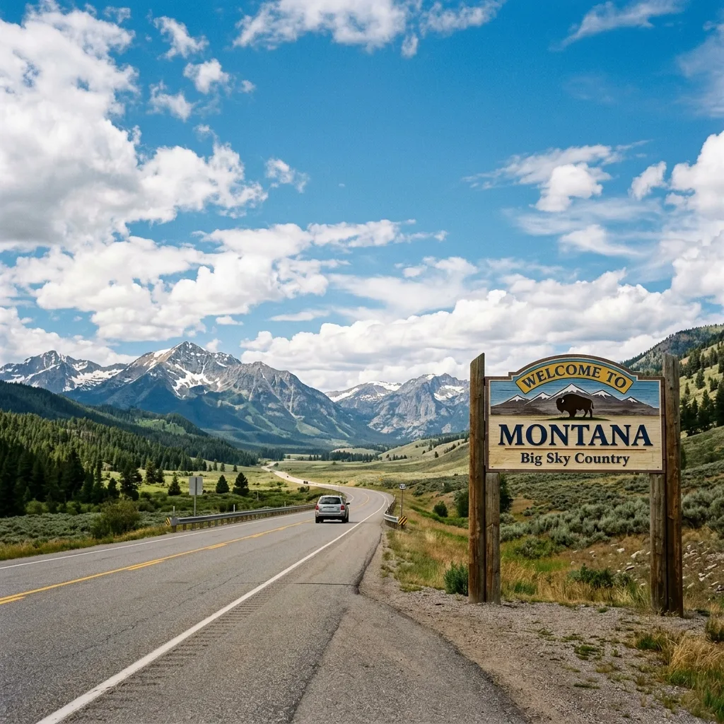 Montana welcome sign with mountains representing tax-free alternative to california utv street legal struggle