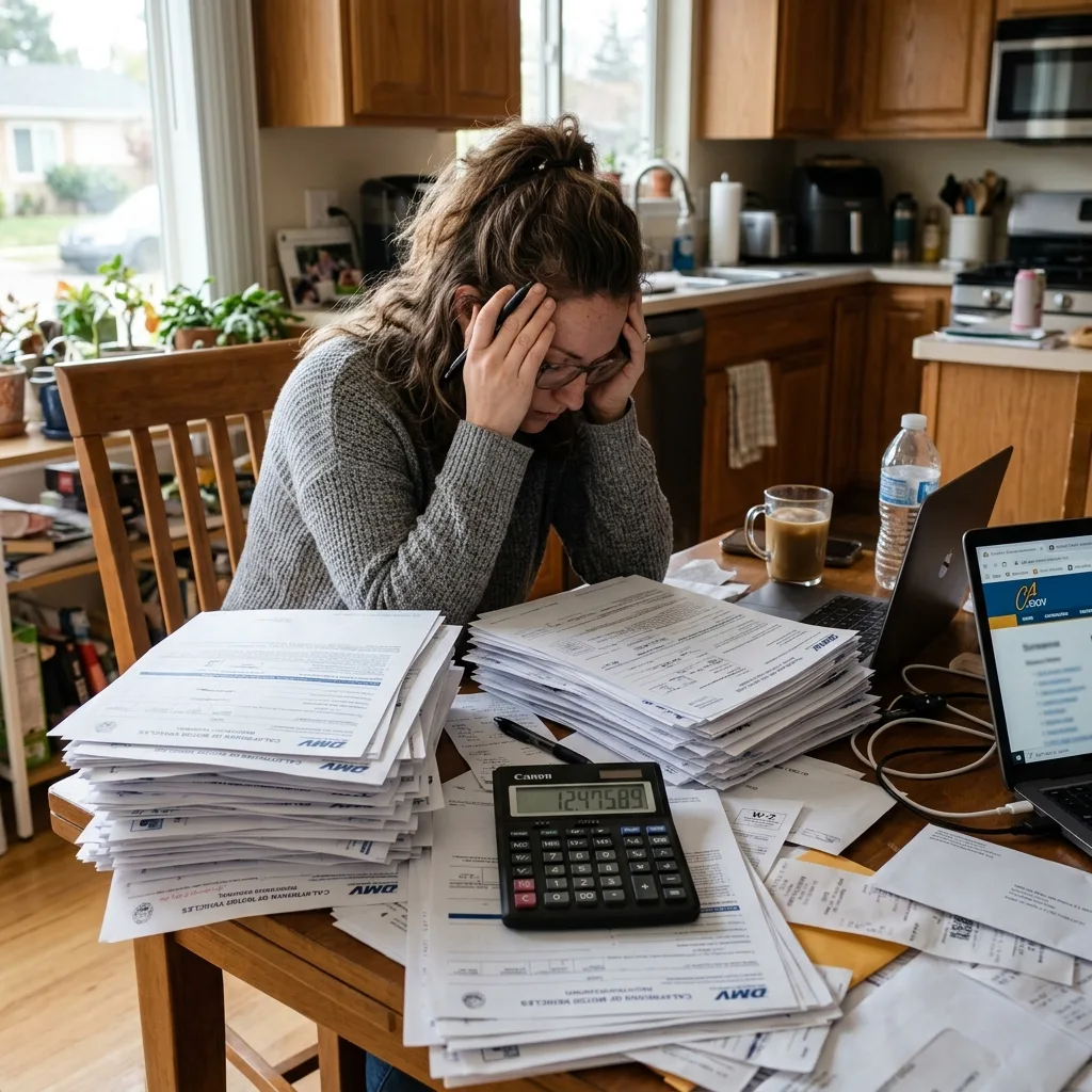 Person overwhelmed by California DMV registration and use tax paperwork