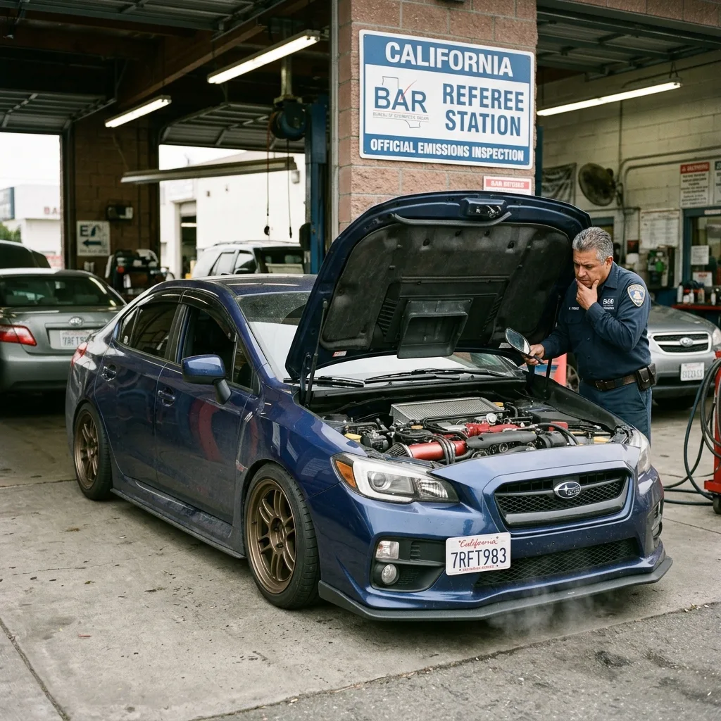 Modified Subaru WRX at California BAR referee emissions inspection station