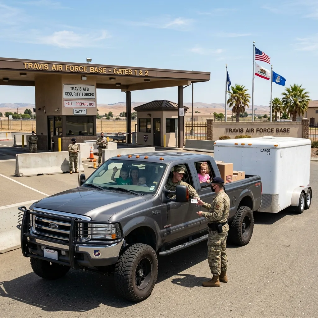 Military family with lifted F-250 truck arriving at California military base