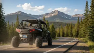 Colorado Polaris RZR Pro R four-seat on mountain road with Montana plate