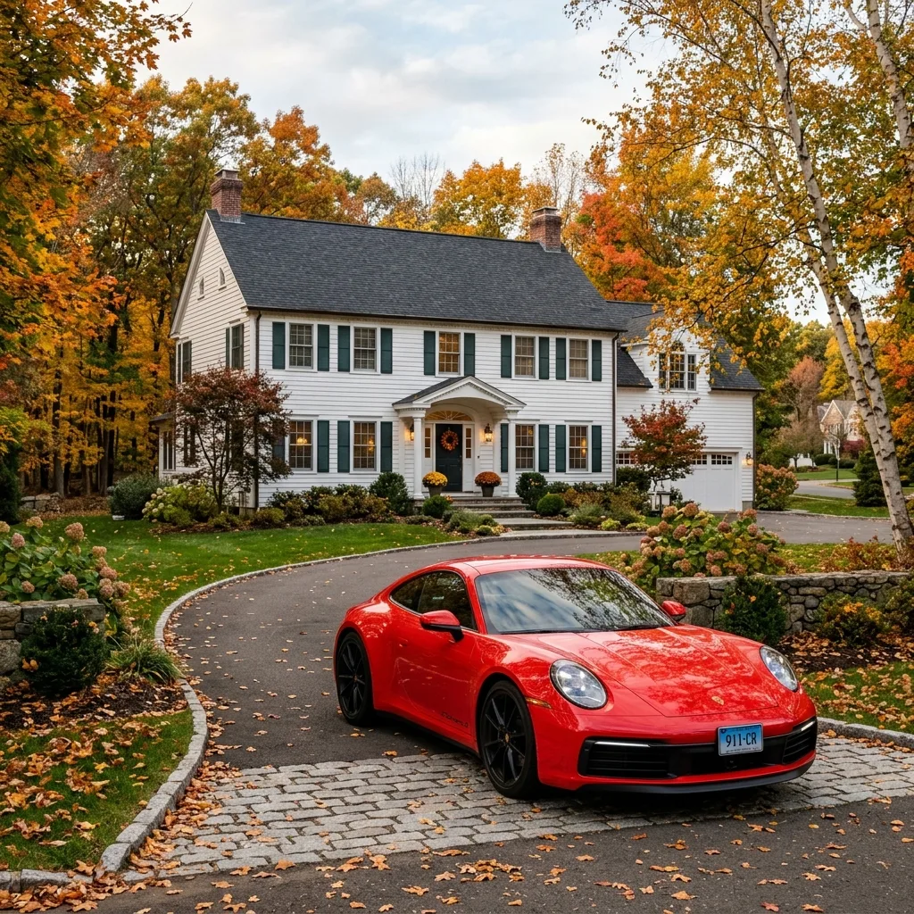 Porsche 911 Connecticut suburb autumn property tax