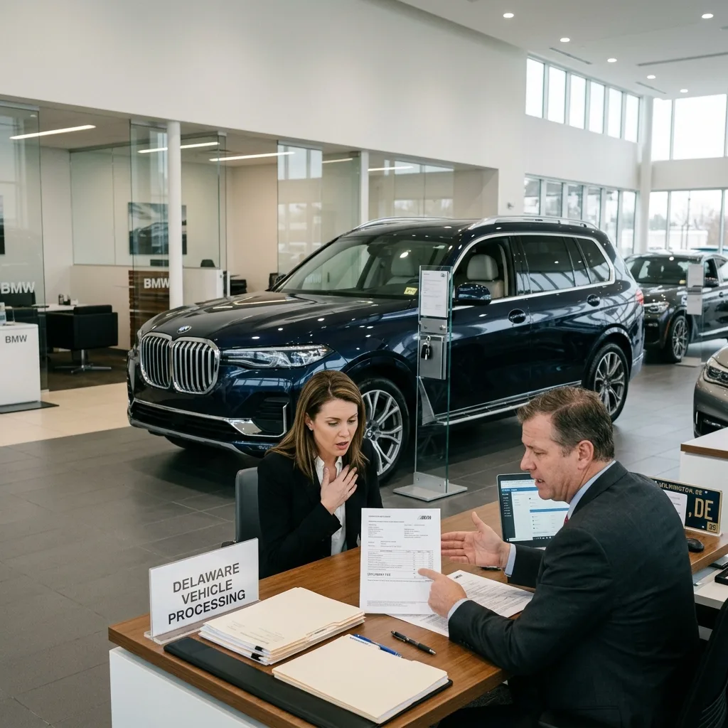 Luxury SUV at Delaware car dealership with document fee paperwork surprise