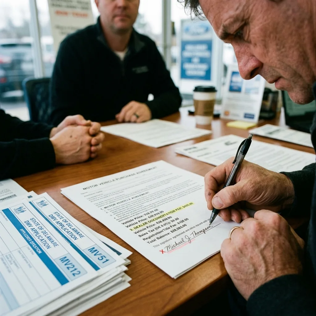 Delaware DMV car purchase contract showing document fee line item