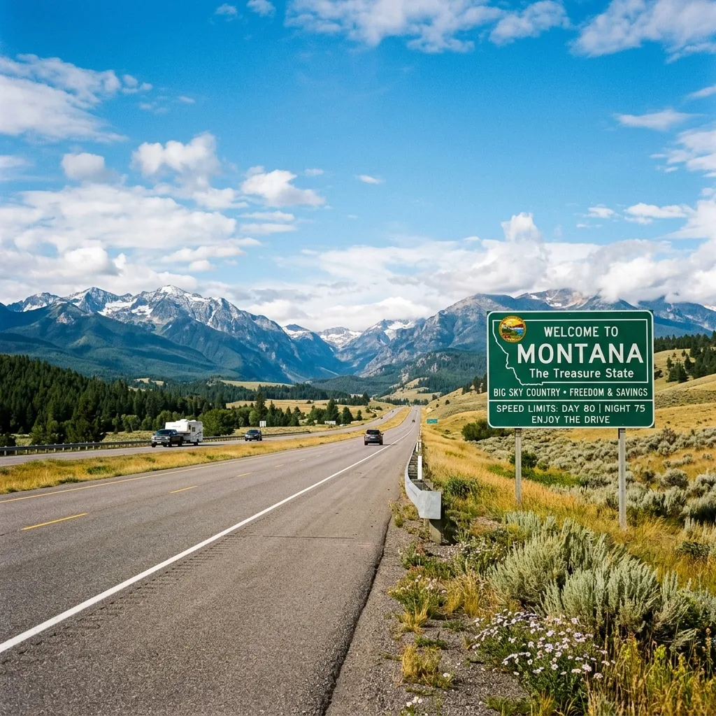 Welcome to Montana road sign representing vehicle registration savings for Delaware owners