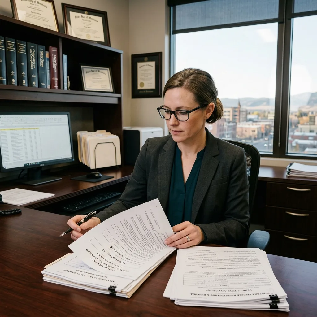Legal professional reviewing Montana LLC vehicle registration documents for Delaware client