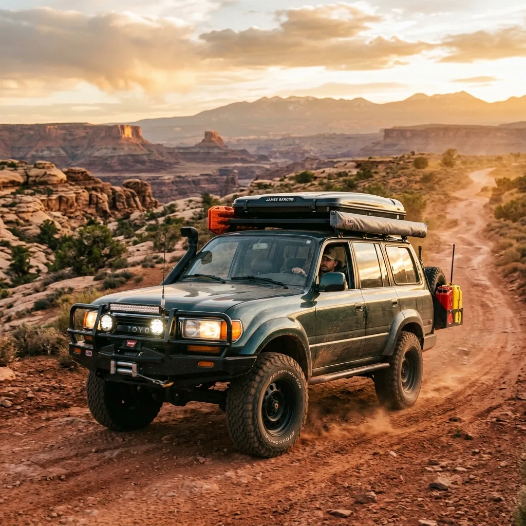 Overlanding Land Cruiser with rooftop tent and lift kit