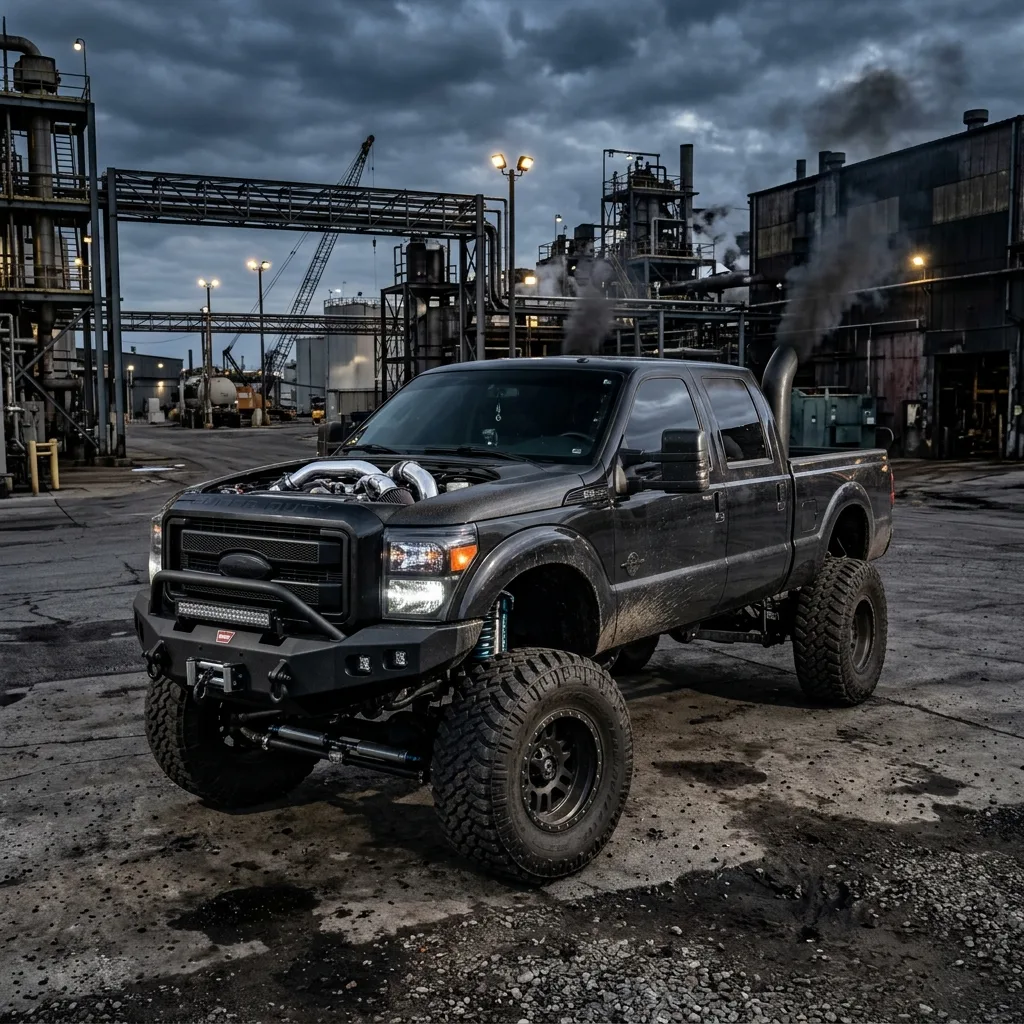 Modified diesel truck with stack and lift kit