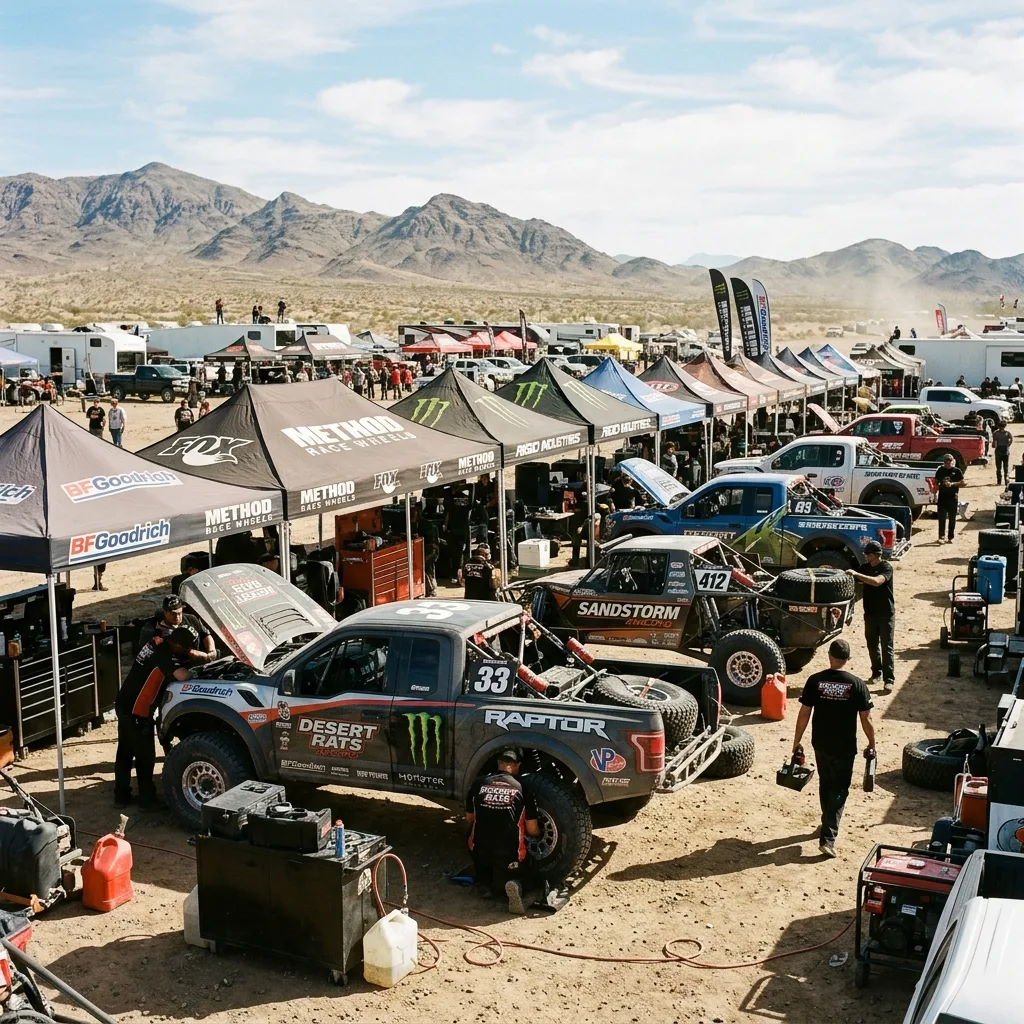 Race team paddock with multiple builds and trailer