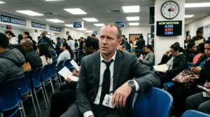 firing the dmv - businessman with luxury watch waiting in crowded government DMV office