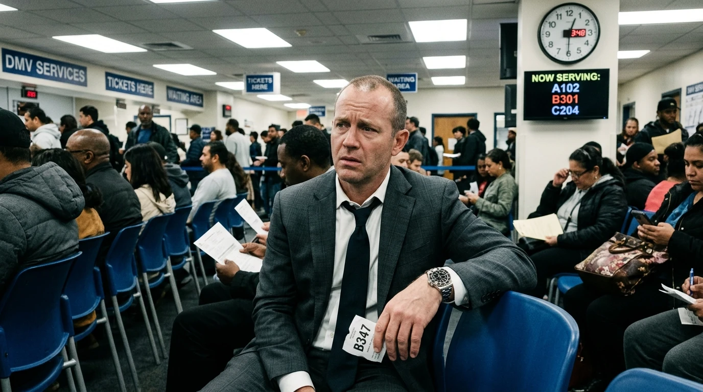 firing the dmv - businessman with luxury watch waiting in crowded government DMV office