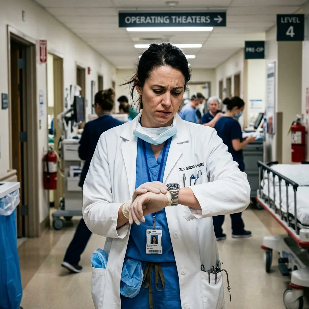 surgeon checking luxury watch with stressed expression while waiting at government office